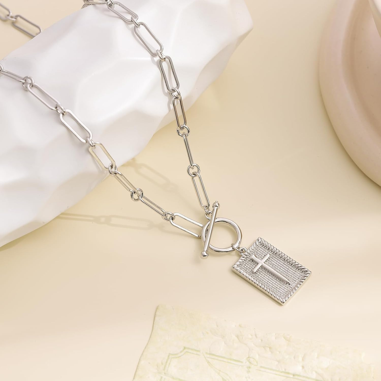 Paperclip Cross Pendant Necklace for Women Gold Toggle Clasp Rectangle Necklace