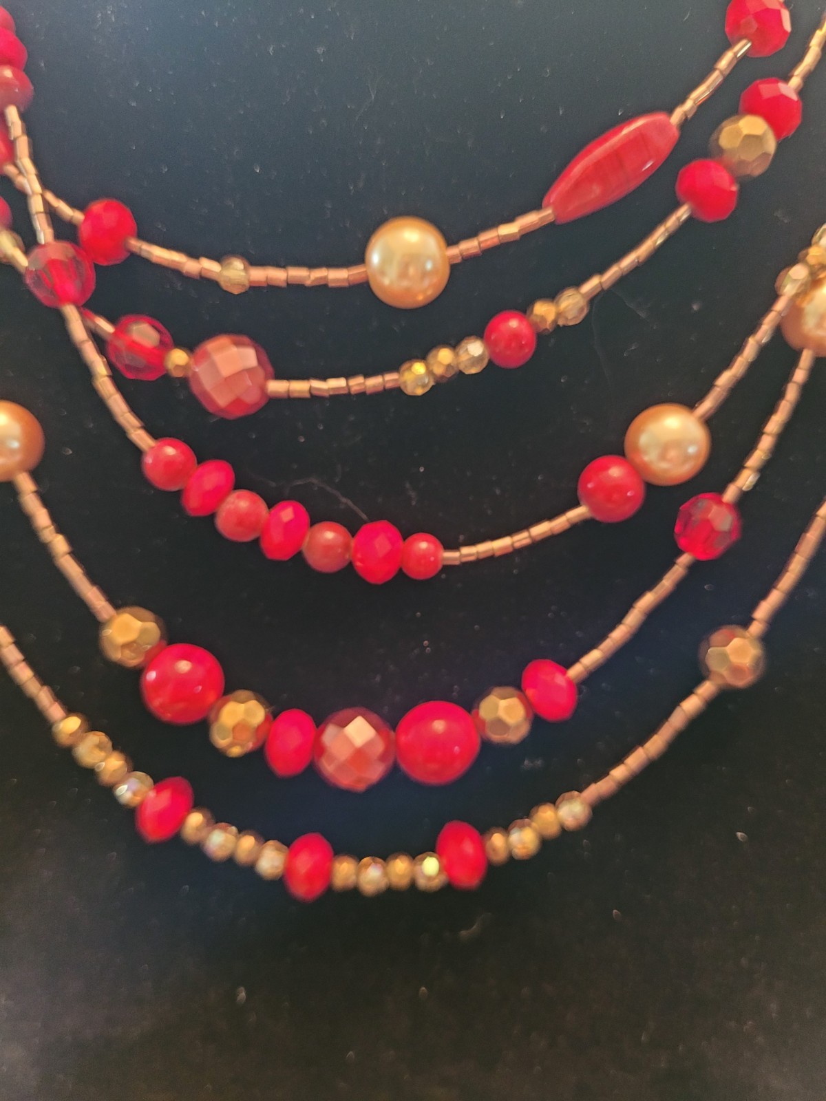 Lia Sophia Layered Red Glass Beaded Necklace Pearl Crystal Gold Tone W/Box
