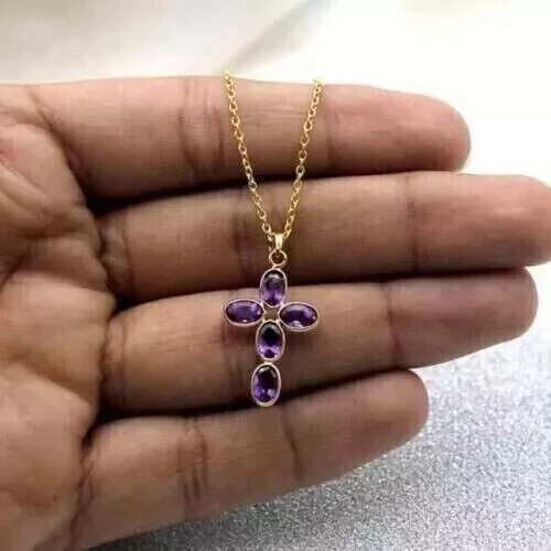Oval Cut Simulated Purple Amethyst Cross Pendant Chain In 14k Yellow Gold Plated