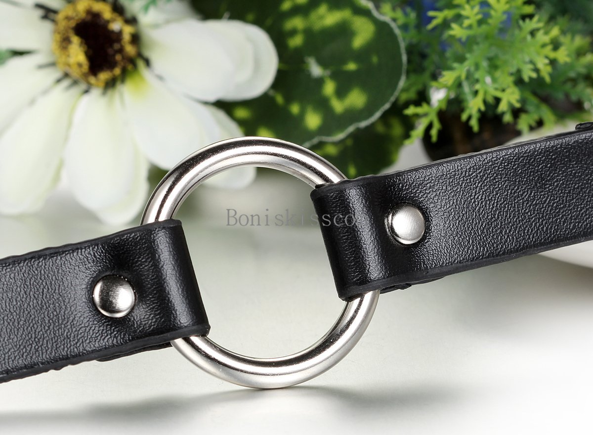 Punk Handmade Black Leather Choker Collar Necklace w Silver Tone Round Hoop