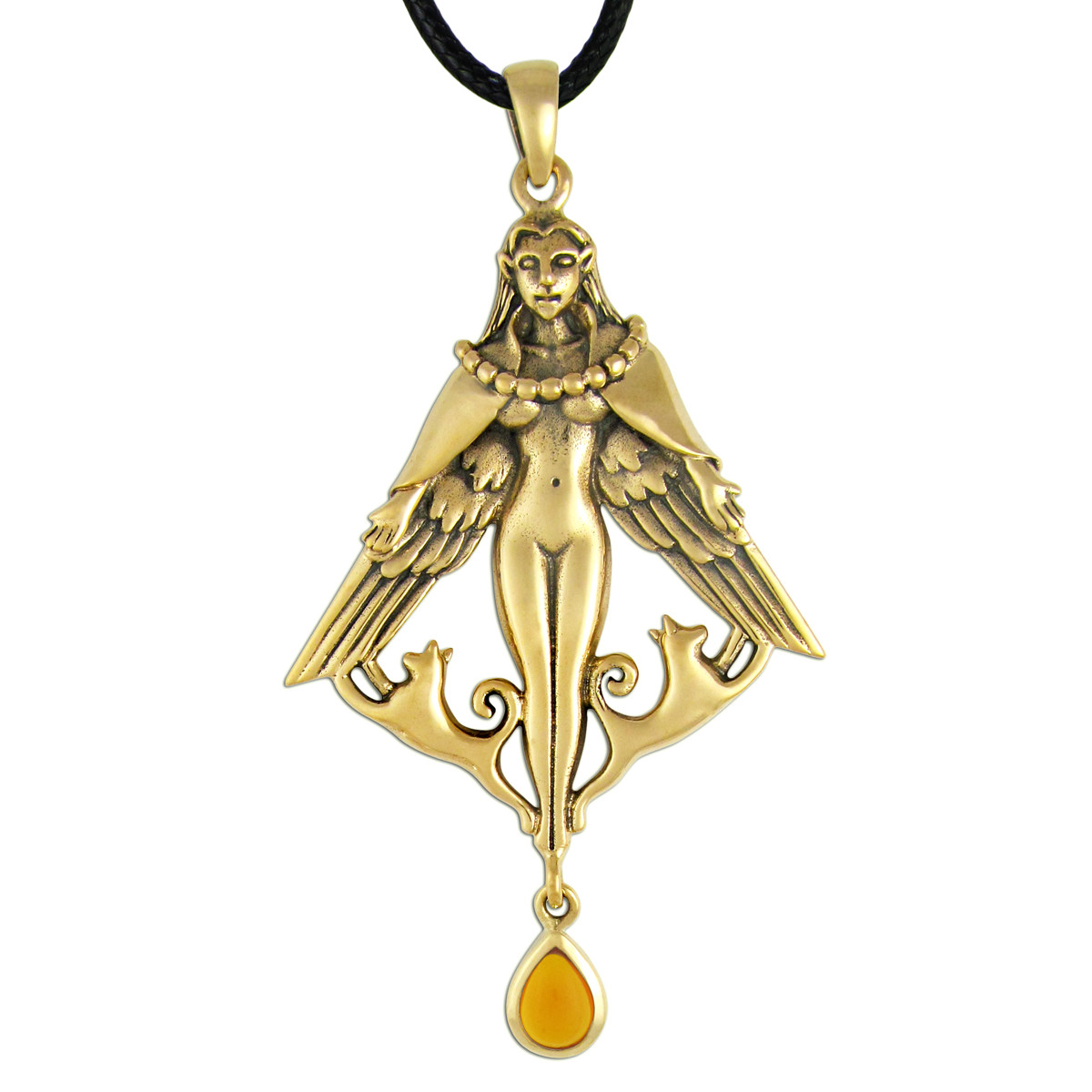 Bronze Freya Pendant with amber – Dryad Design Asatru Norse Goddess Viking Runes
