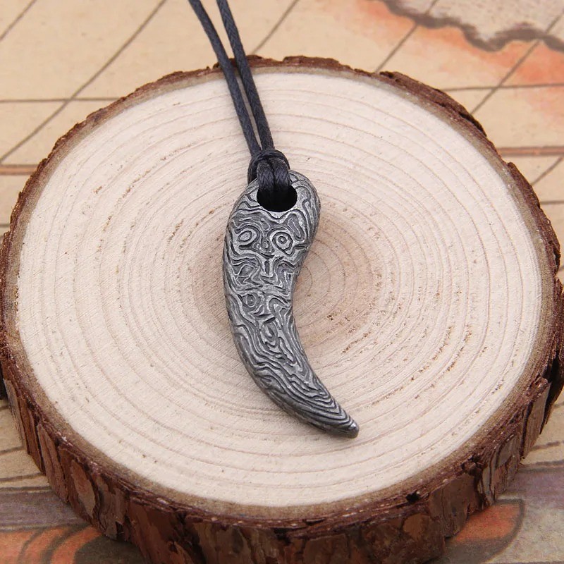 Viking Damascus Steel Wolf Tooth Pendant | Bear Claw Necklace Cord Male Gift