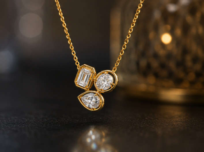 3.00Ct Multi Cut Moissanite VVS1 3-Stone Pendant Necklace 14K Yellow Gold Plated