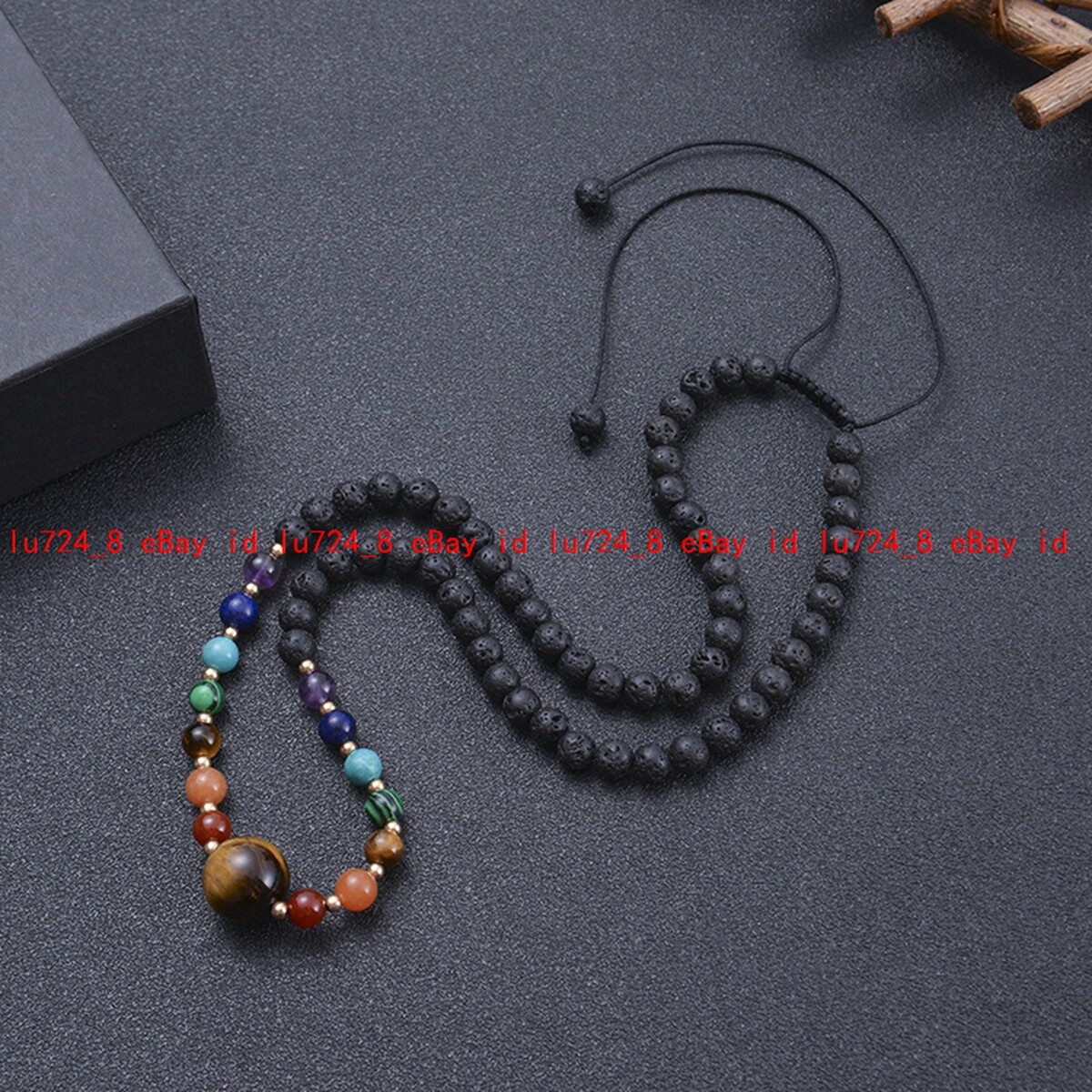 6mm Round Black Lava Rock Gems Braid Rope Adjustable Tigers Eye Pendant Necklace