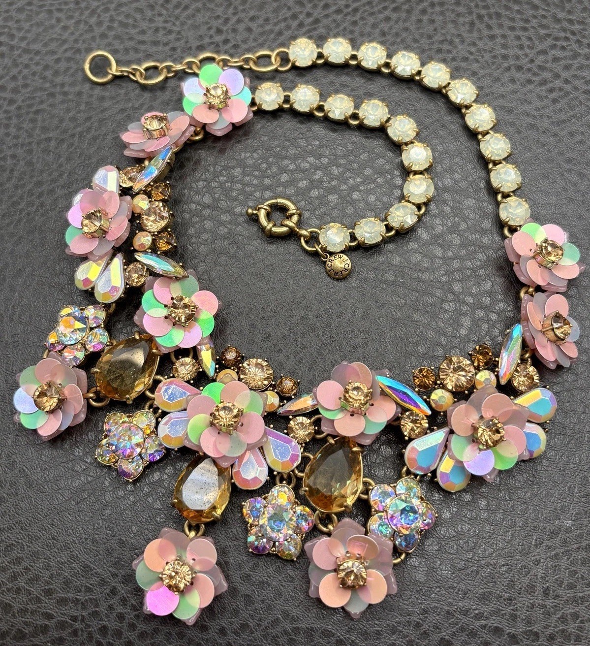 J Crew Amazing Floral Statement Bib Necklace Iridescent Pink Flowers Rhinestones