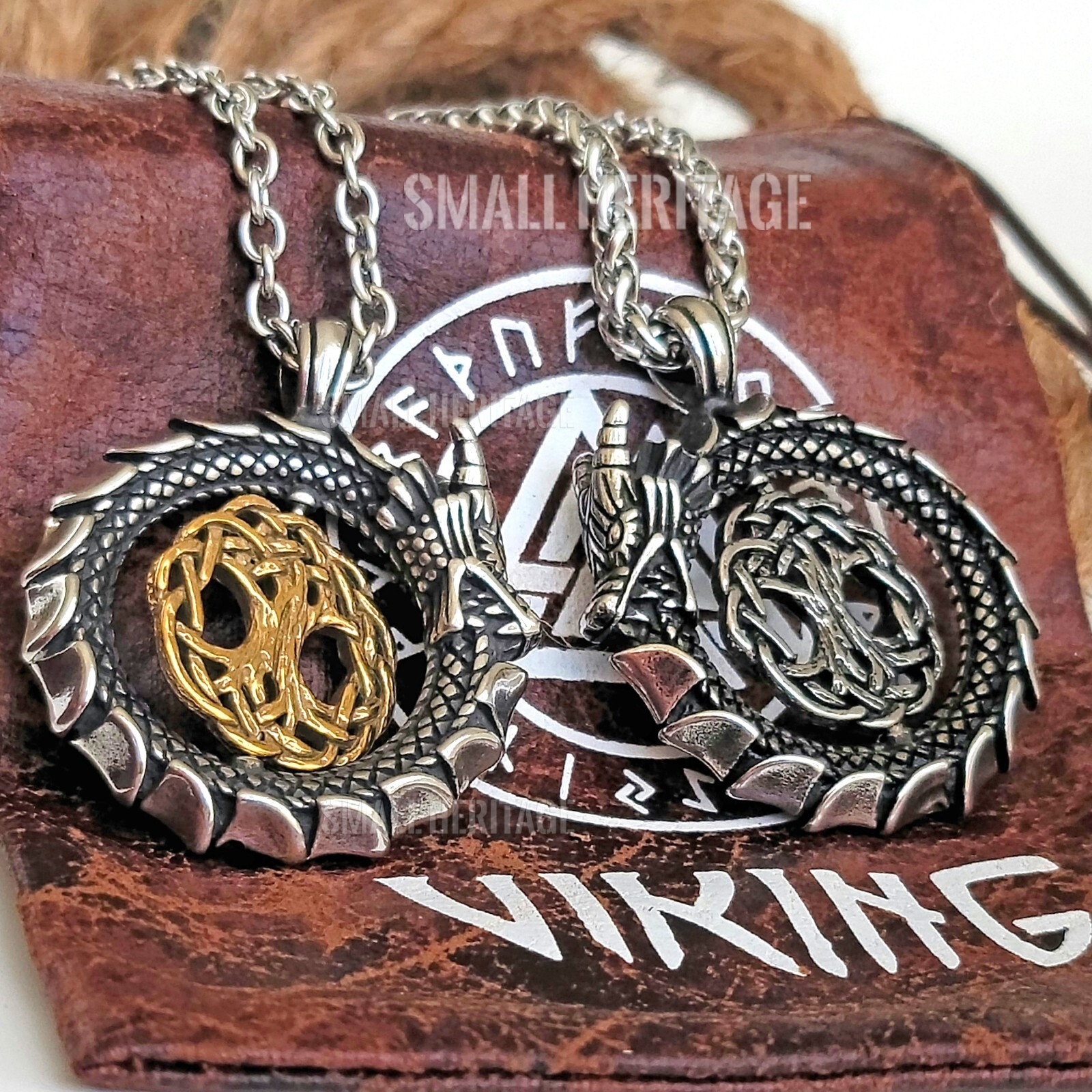 Viking Dragon Necklace 316L Stainless Steel Pendant Chain Norse Amulet Yggdrasil