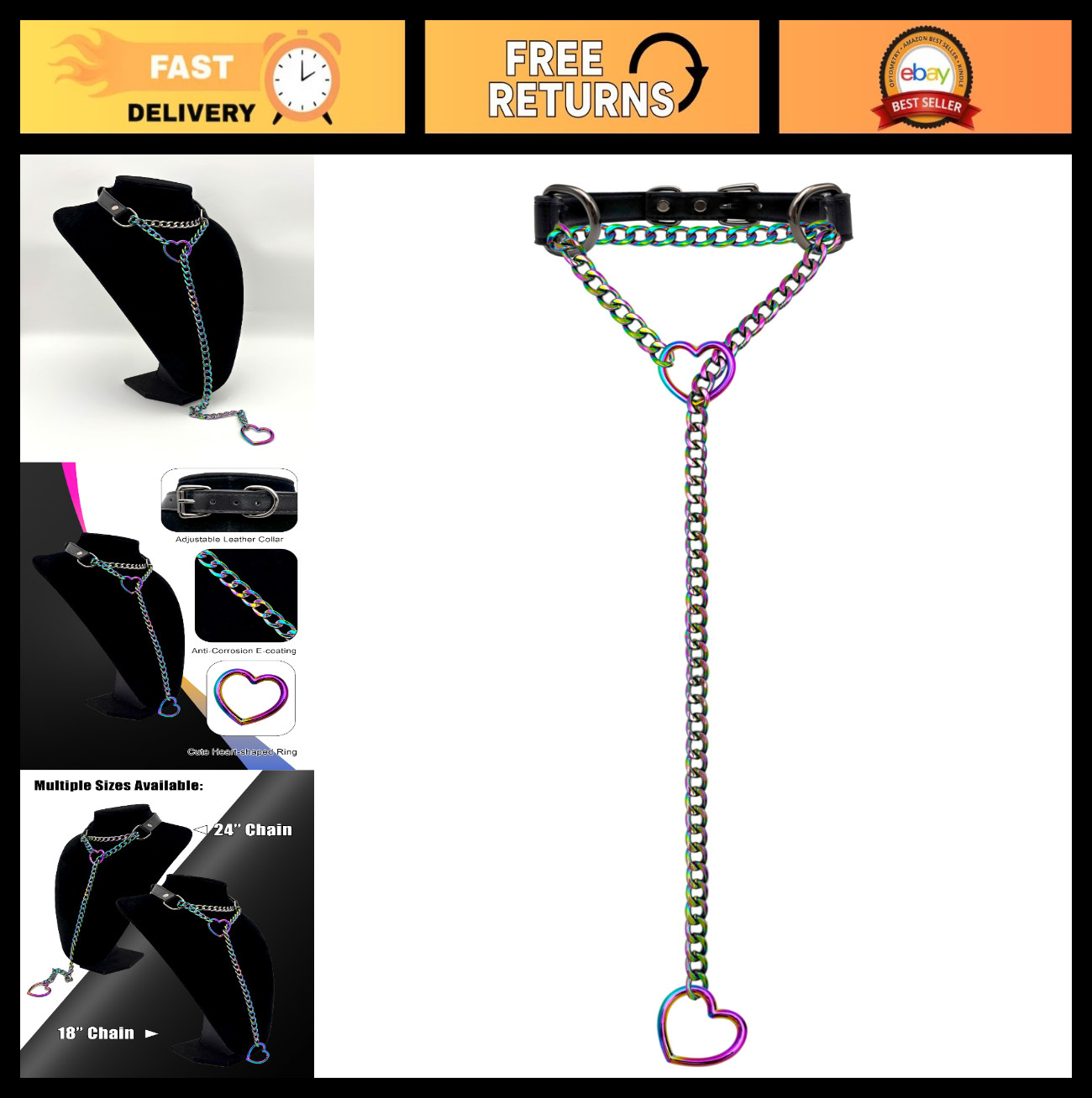 Handmade Black Leather Choker Collar for Women, Adjustable Heart Slip Chain Neck