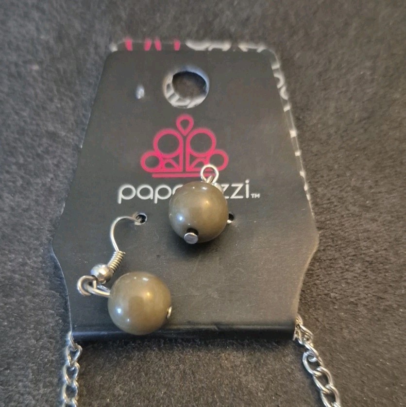 Paparazzi Margarita Masquerades- Olive Green Necklace & Matching Earrings 45”Lg