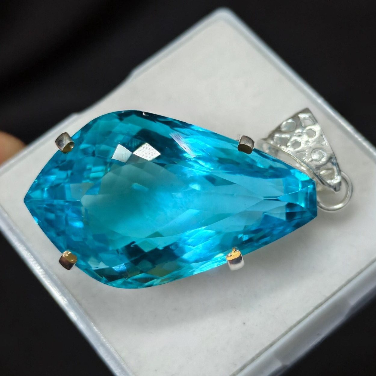 70+ Ct Lab Created Swiss Blue Topaz Fancy Cut German Silver Solitaire Pendant