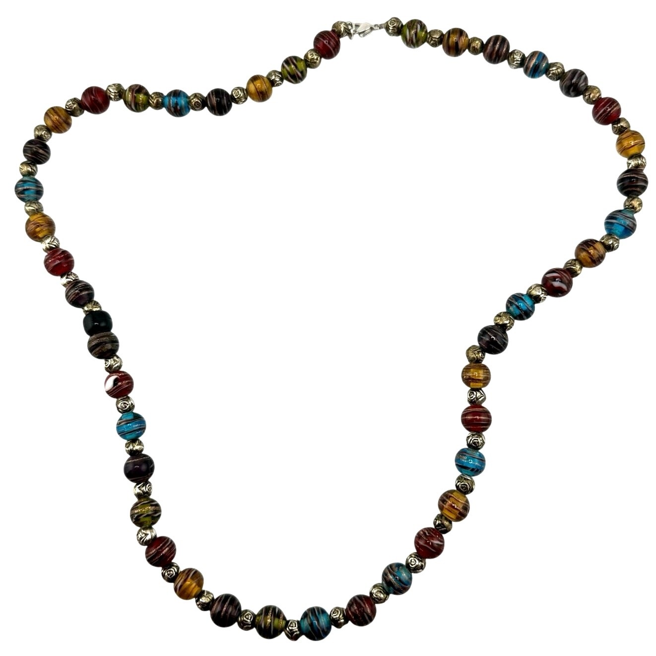 Lampwork Art Glass Dark Rainbow Multicolor Swirl Beaded Handmade 23” Necklace
