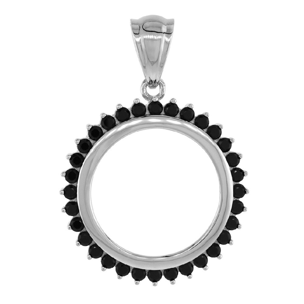 19 mm Sterling Silver Halo Black CZ Stones 1 Cent Coin Bezel Pendant, Box Chain