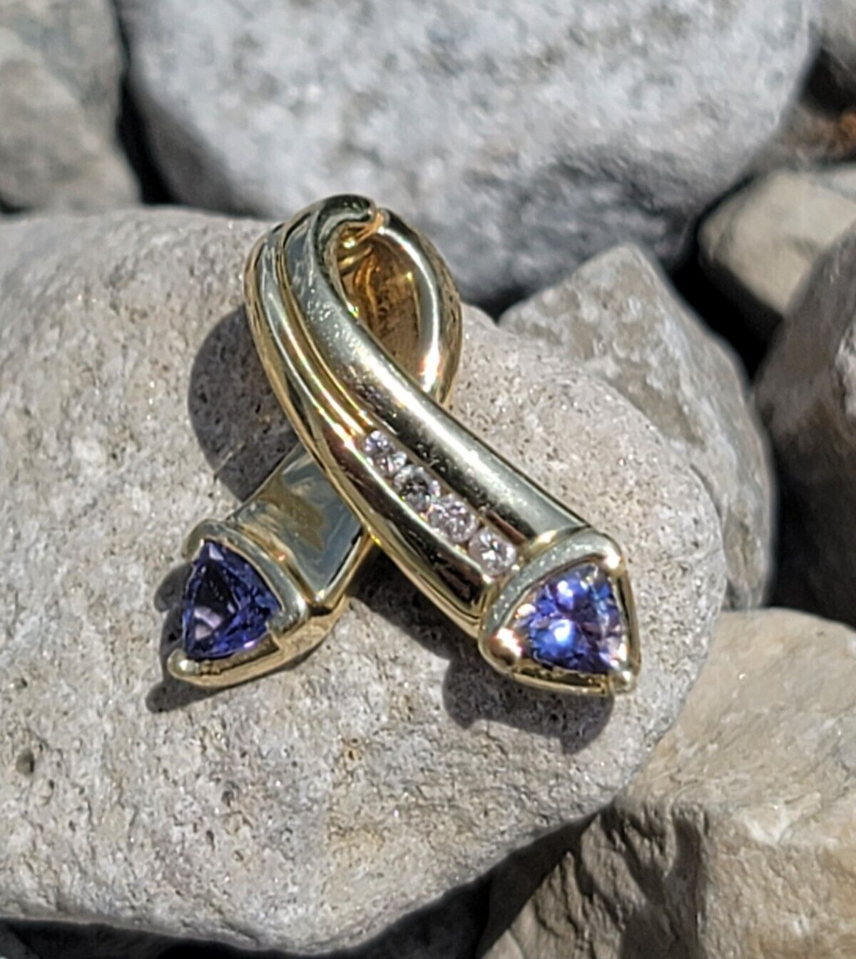 14k Yellow gold Trillion Blue Tanzanite Diamond Hinged Slider Pendant