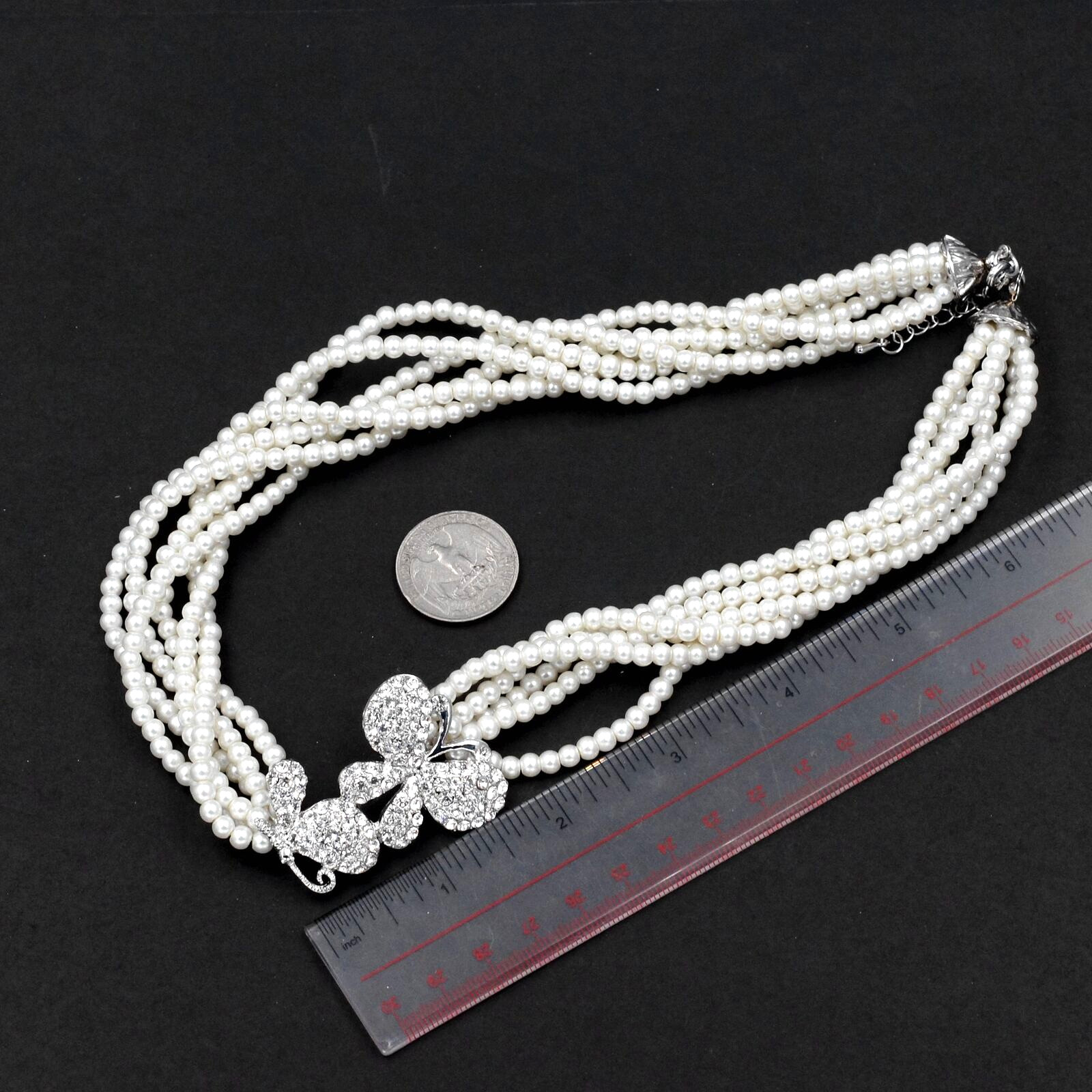 Women Elegant White Pearl Beaded Strand Layered Necklace Crystal Butterfly 1990