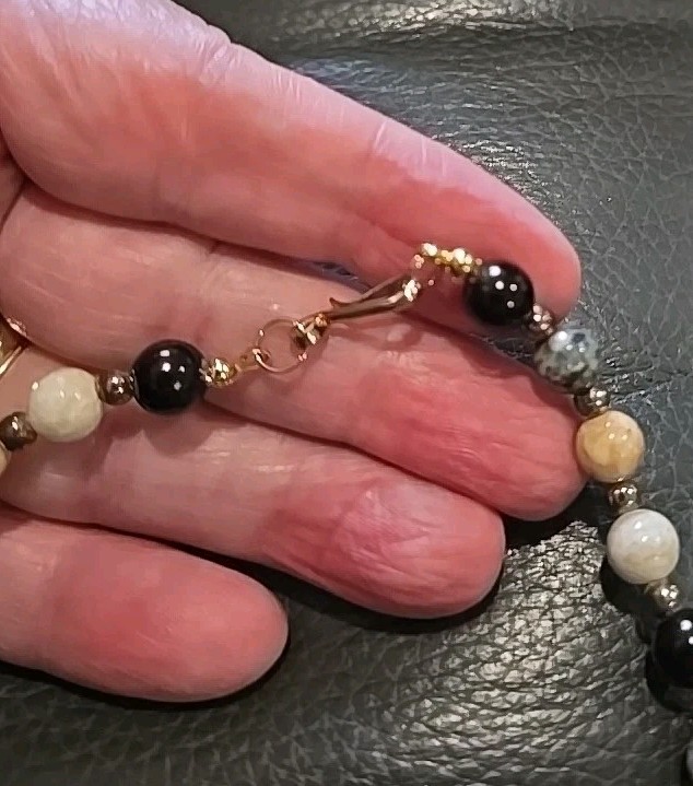 Vintage Beaded Necklace Black, Grey And Cream Beads Gold Tone S Clasp