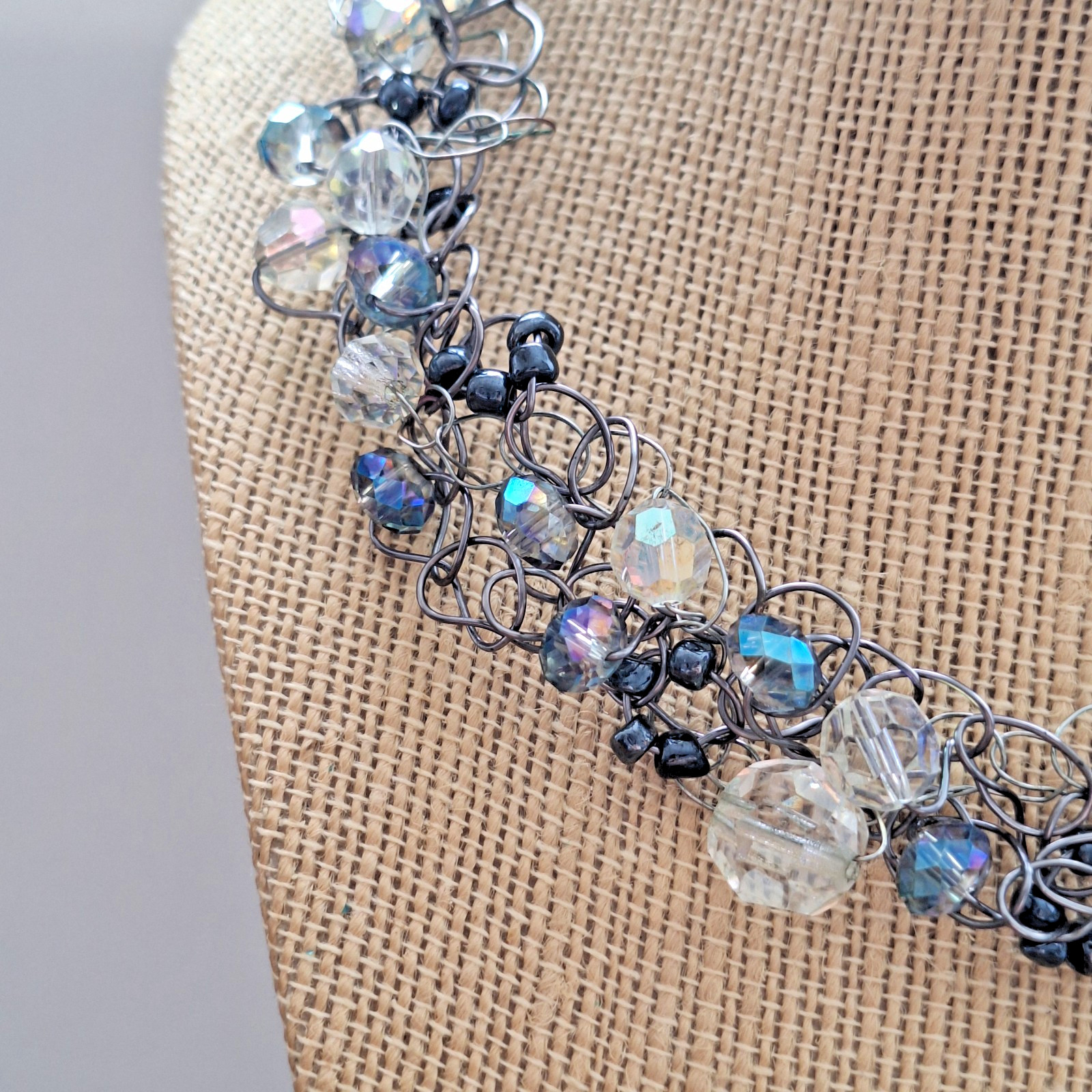 Handmade Glass Necklace Ab And Clear Beads Bib Chocker Adjustable Necklace 18.5″