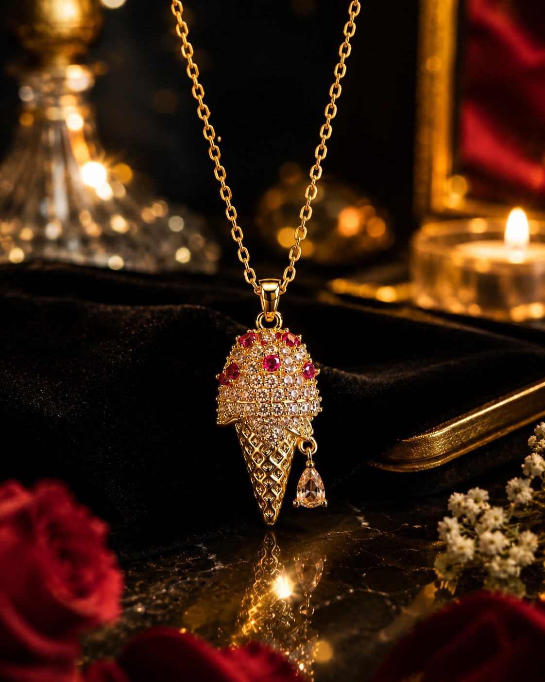 Ice Cream Cone CZ Crystal Pendant Necklace – Gold Tone, Pink Accents, 18″ Chain