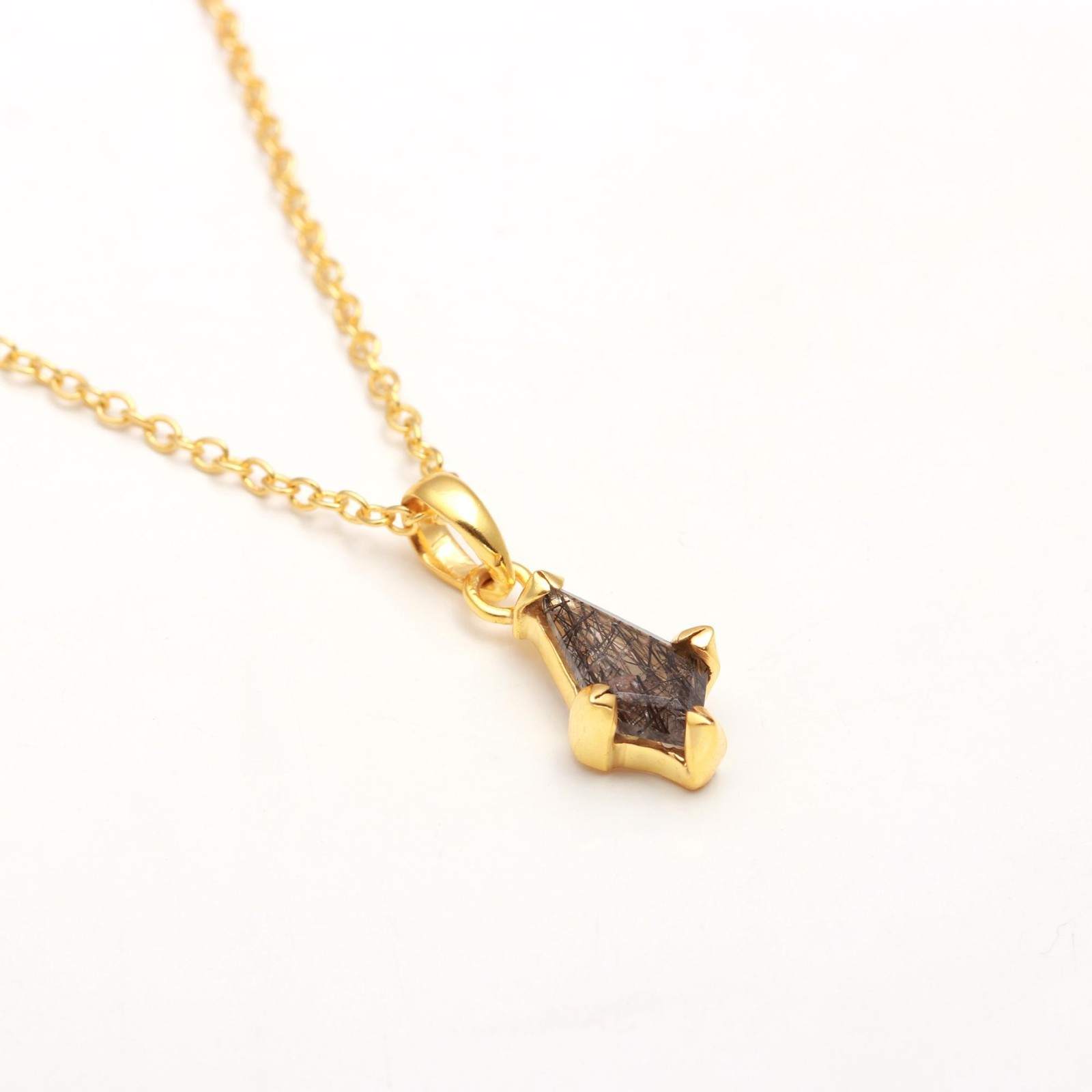 Natural Black Rutile Kite Chain Pendant Gold Plated 925 Sterling Silver Jewelry