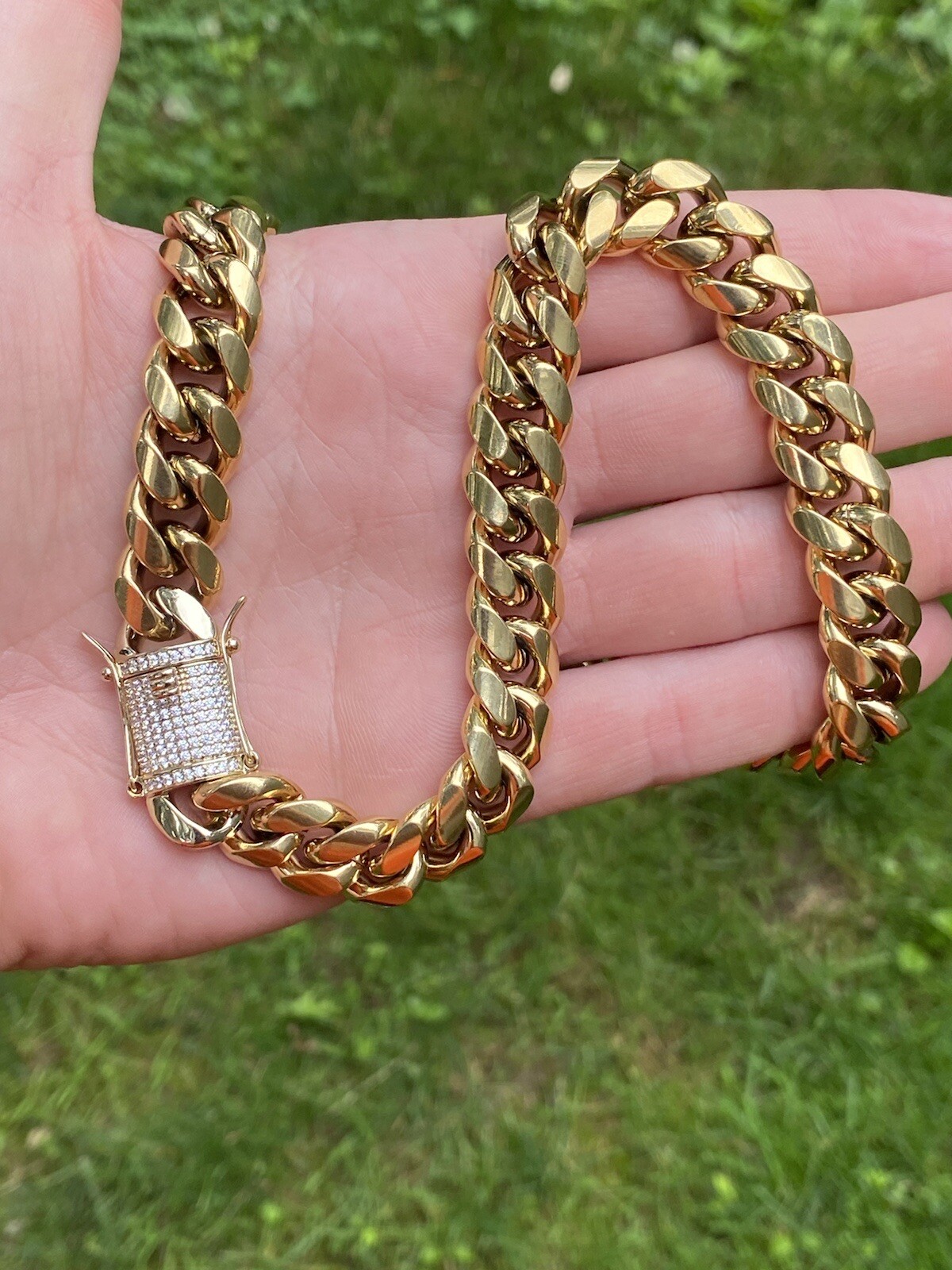 Miami Cuban Chain 14k Gold Plated SS Men Hip Hop Choker Iced CZ Box Lock 14mm