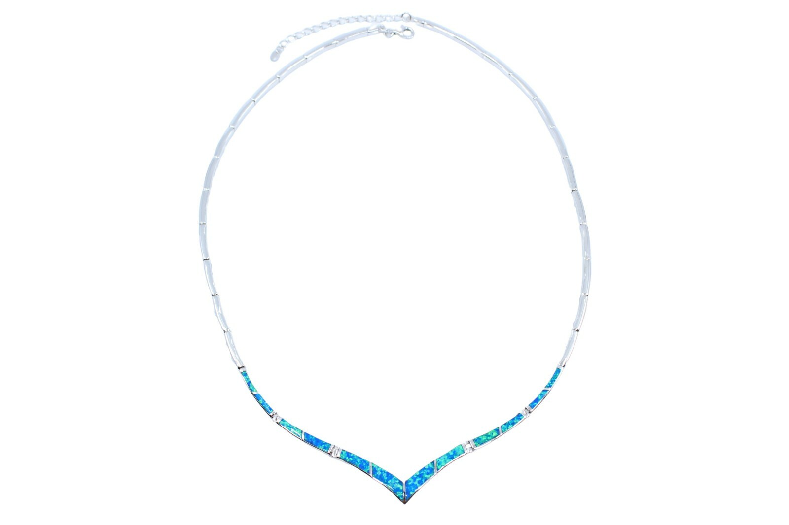 925 Sterling Silver V Necklace w Lab-Created Opal Blue Inlay – Rhodium Plated, S