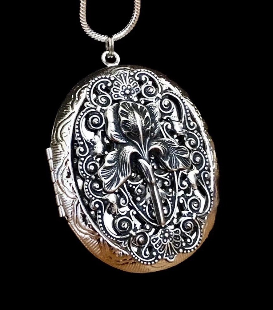 Iris Locket Necklace, Photo Memorial Keepsake Pendant, Sterling Silver Chain
