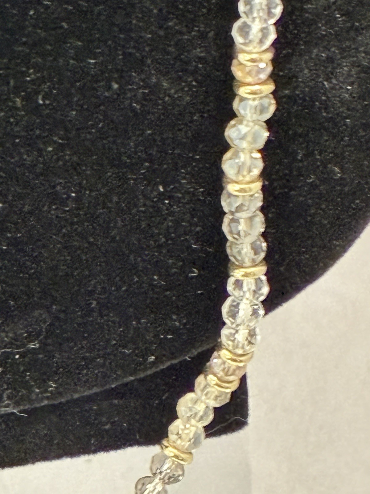 LOFT Long Beaded Necklace Gold Tone Faceted Clear Smoke Glass Crystal 34″ Opera