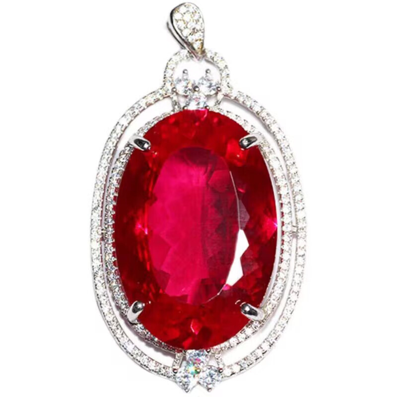 High Quality Oval Cut Pigeon Blood Red Ruby Lab-Created Sterling Silver Pendant