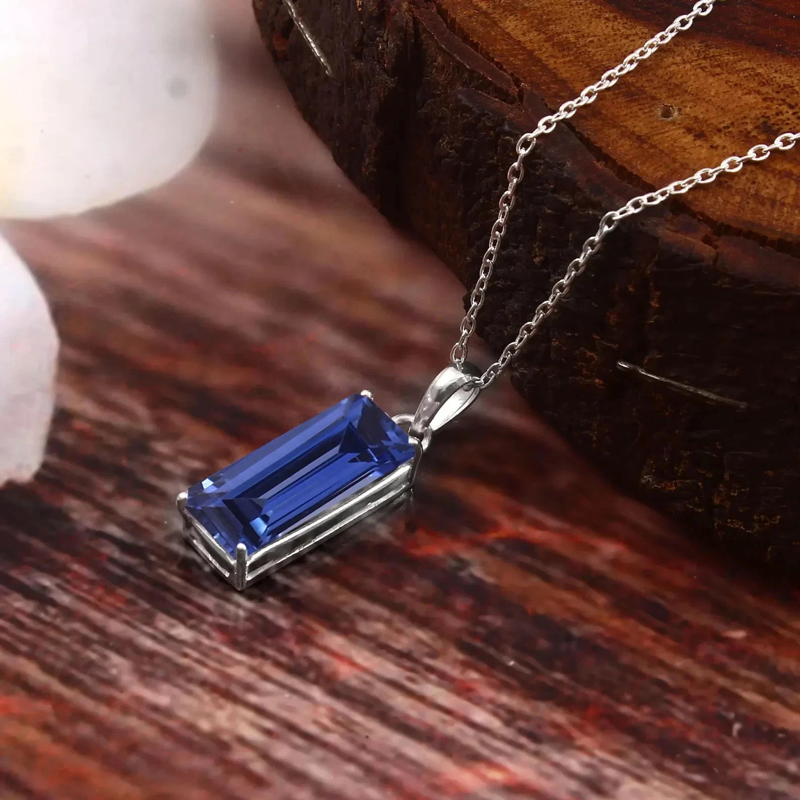 AA Flawless Ceylon Blue Sapphire Baguette Pendant:Sterling Silver Charm 20×8 mm