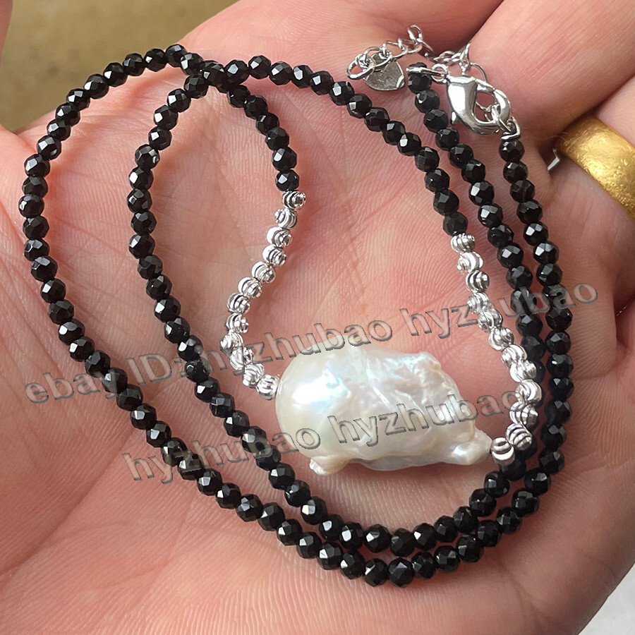 3mm Faceted Black Spinel & 25mm White Baroque Keshi Pearl Pendant Necklace 18″