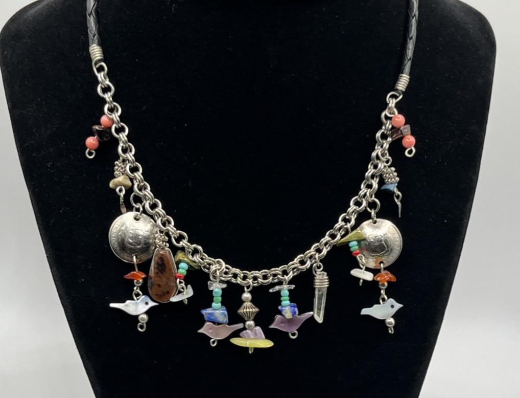 Peruvian Artisan Bird Charm Necklace Mixed Stone Peru Coin Boho Folk Art