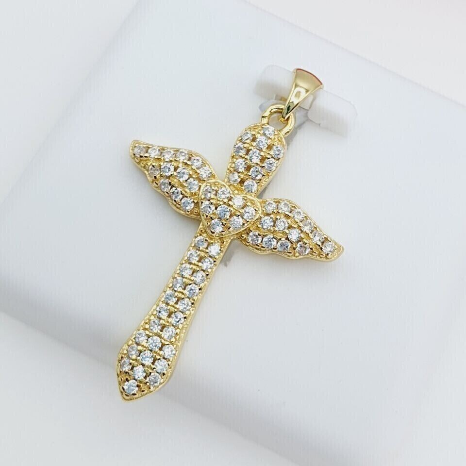 2Ct Round Cut Simulated Diamond Holy Cross Wings Pendant 14k Yellow Gold Plated