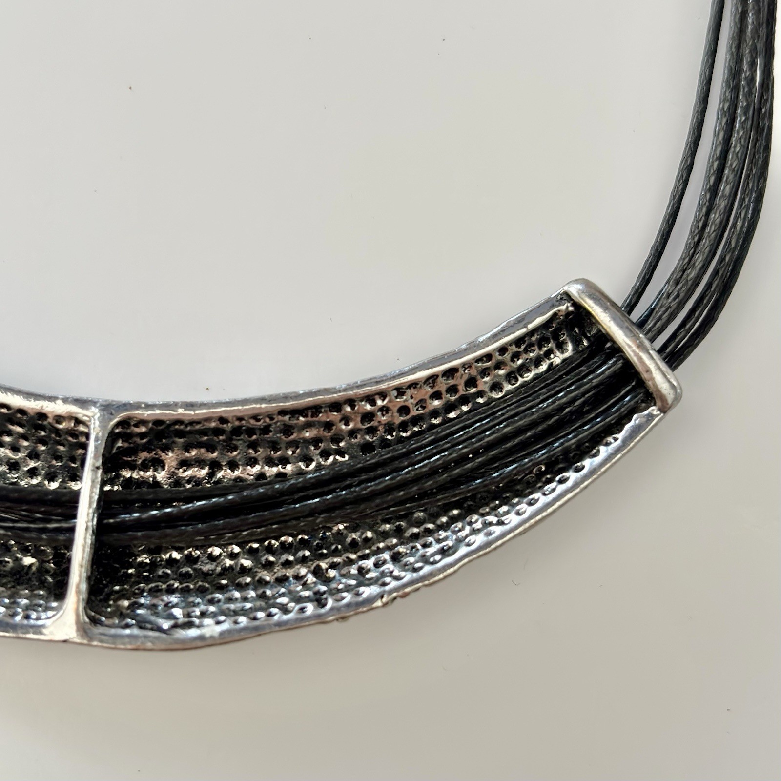 Choker Necklace Adjustable Multi Strand Black Cord Engraved Silver Toned Accent
