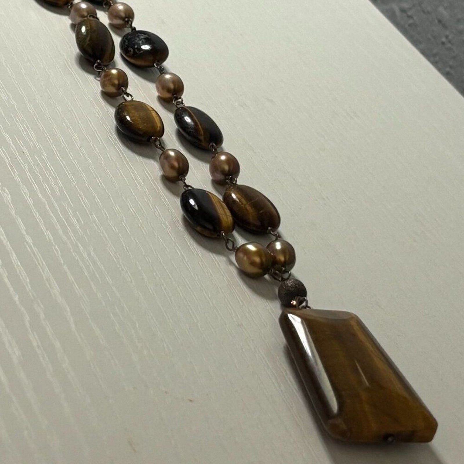 Natural Tigers Eye Bronze Pearl Statement Pendant Necklace Toggle Clasp