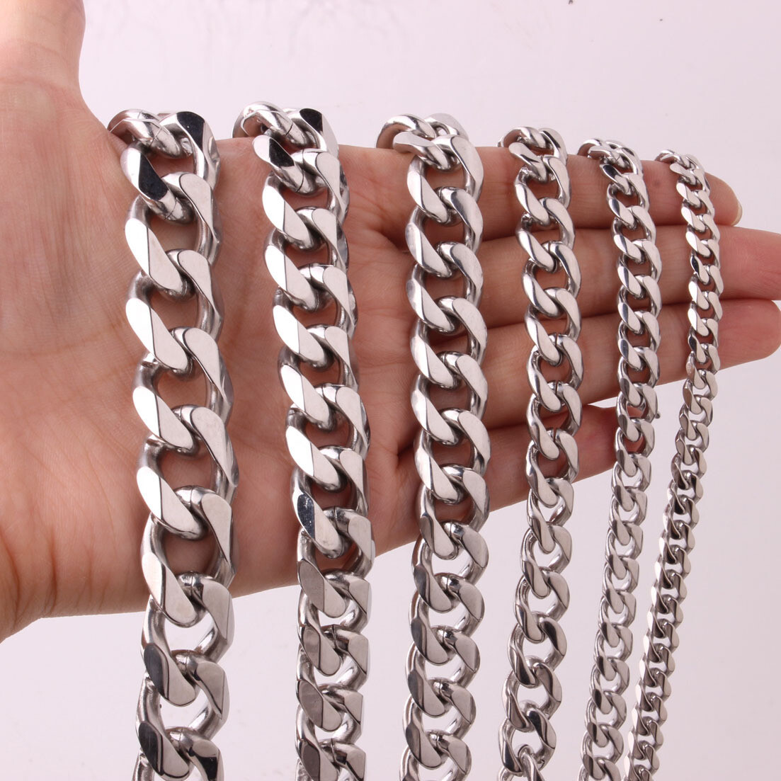 16-36″ Stainless Steel Silver Chain Cuban Curb Womens Mens Necklace 3/5/7/9/11mm