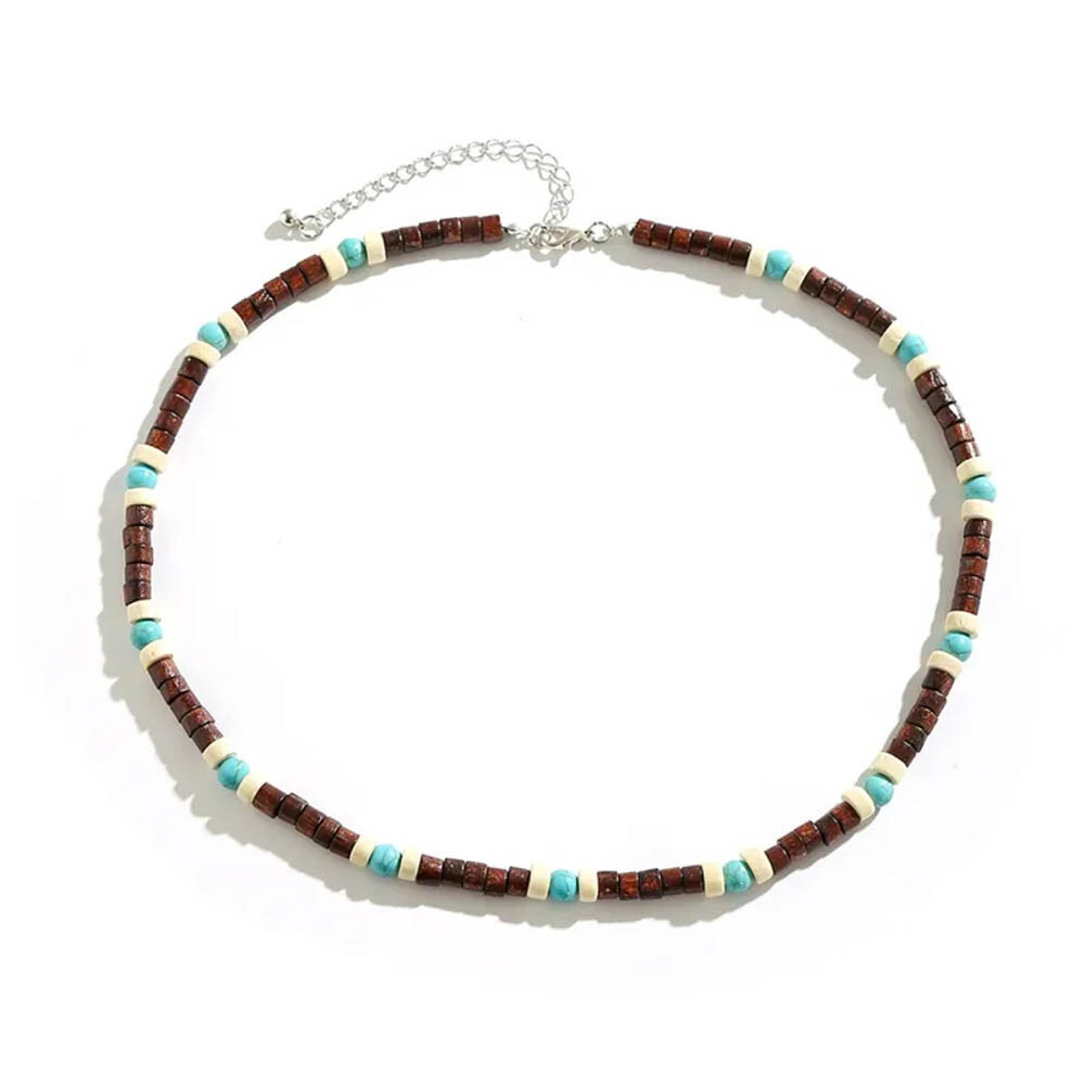 Bohemian Surfer Necklace For Men – Wood & Turquoise Beads, Adjustable 18″+2.7″