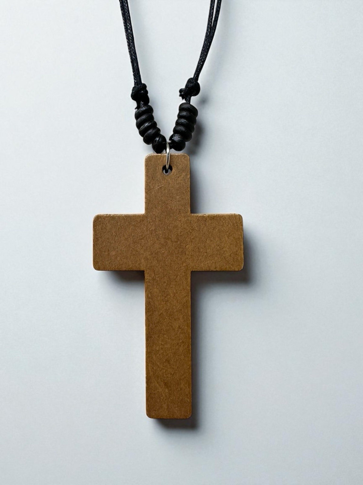 Wooden Cross Necklace 3in Brown Pendant Adjustable 16‑30in Sliding Knots Unisex