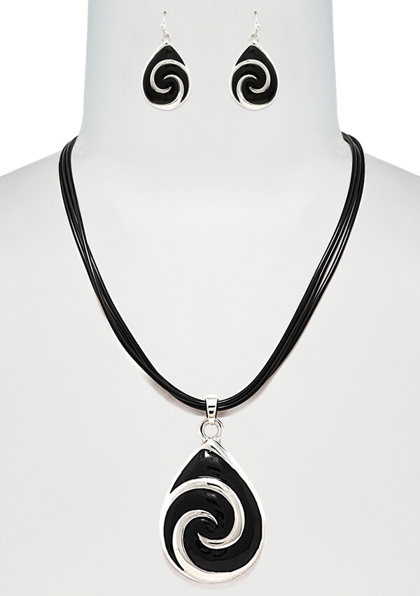 Black epoxy coating on silver tone drop pendant black cord necklace earring