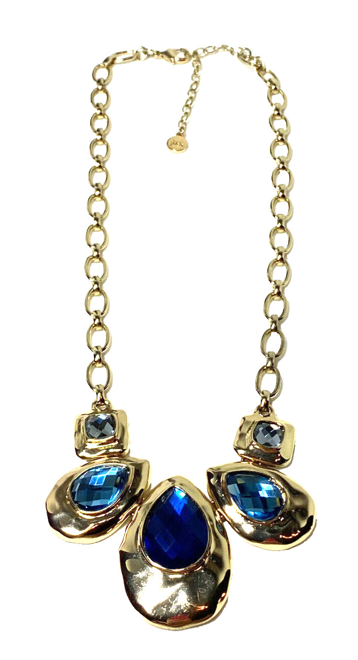 Bella Jack Gold Tone Necklace With Blue Teardrop and Square Gray Stones 21″