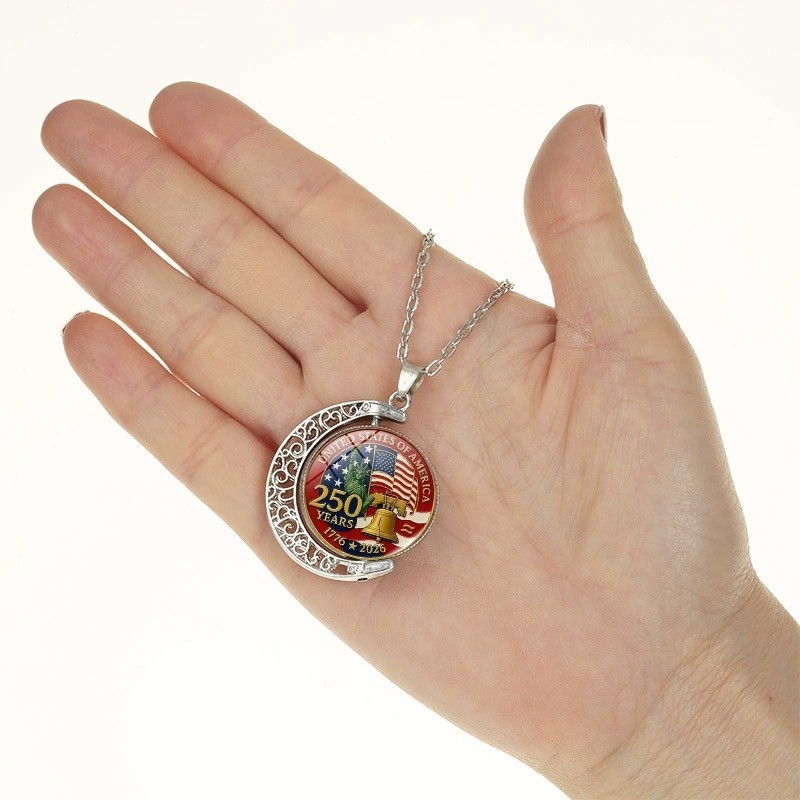 American 250th Anniversary Double-Sided Rotating Moon Alloy Necklace