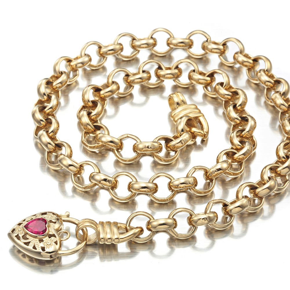 18K GL Thick Solid Rolo Yellow Gold Necklace Filigree Heart Padlock Ruby Red Gem