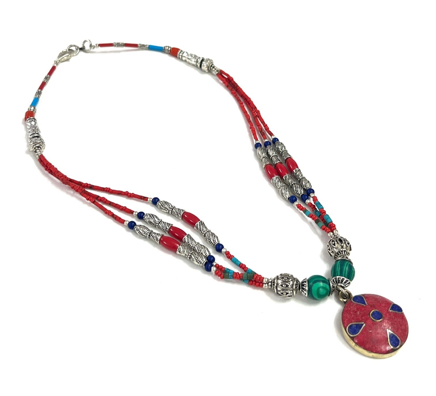 Vintage Red Coral Gemstone Tibetan Statement Necklace Jewelry, 18 inch Adjus