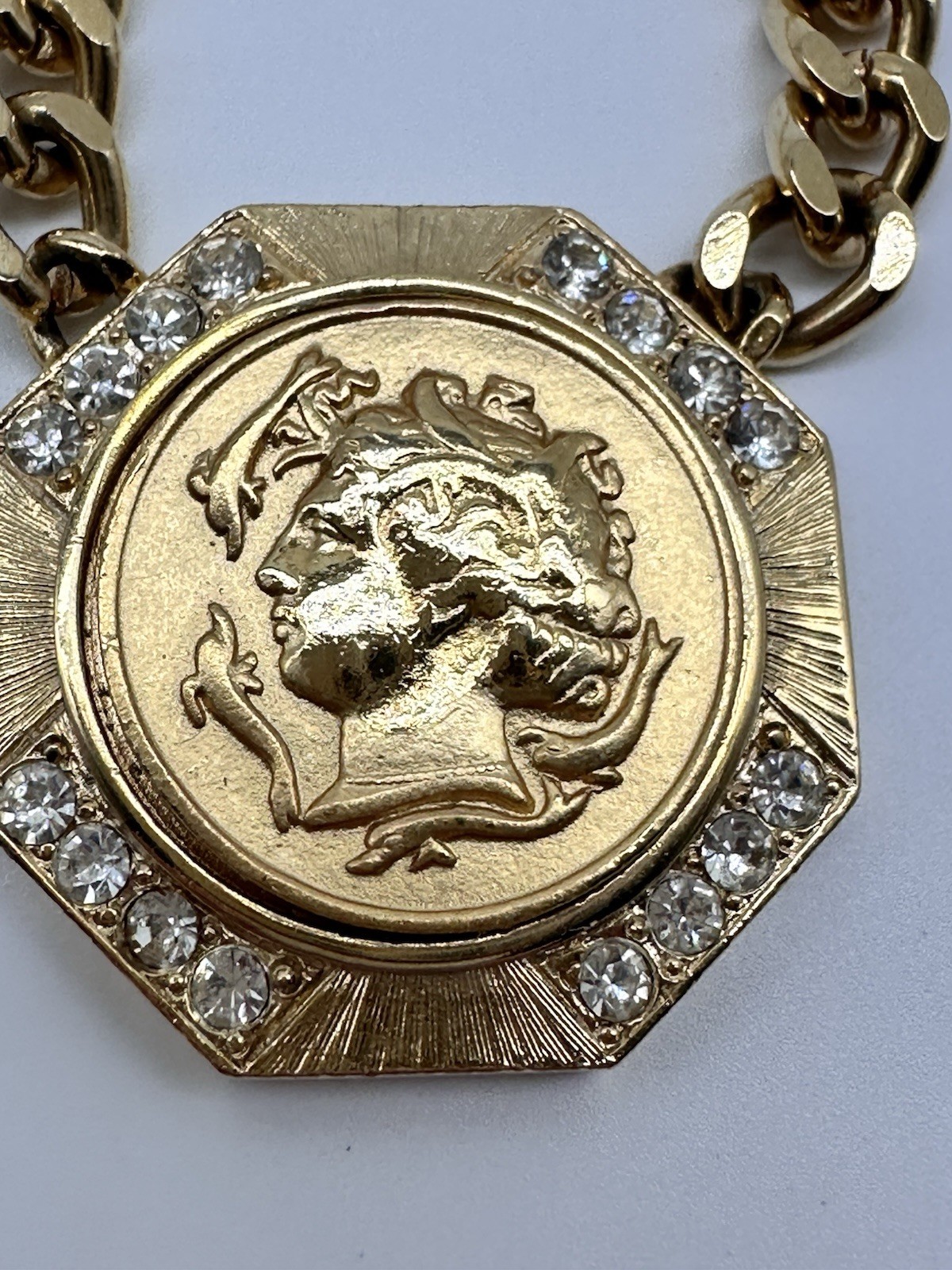 Gold Tone Miami Curb Chain/Crystal Accents/Roman French Emp. Faux Coin Pendant