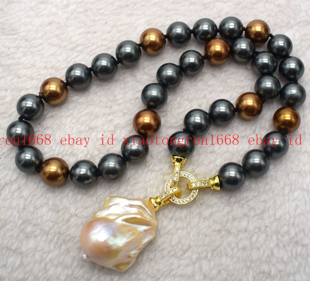 Fashion 12mm Black Brown Shell Pearl & Baroque Pearl Pendant Necklace 16-24in