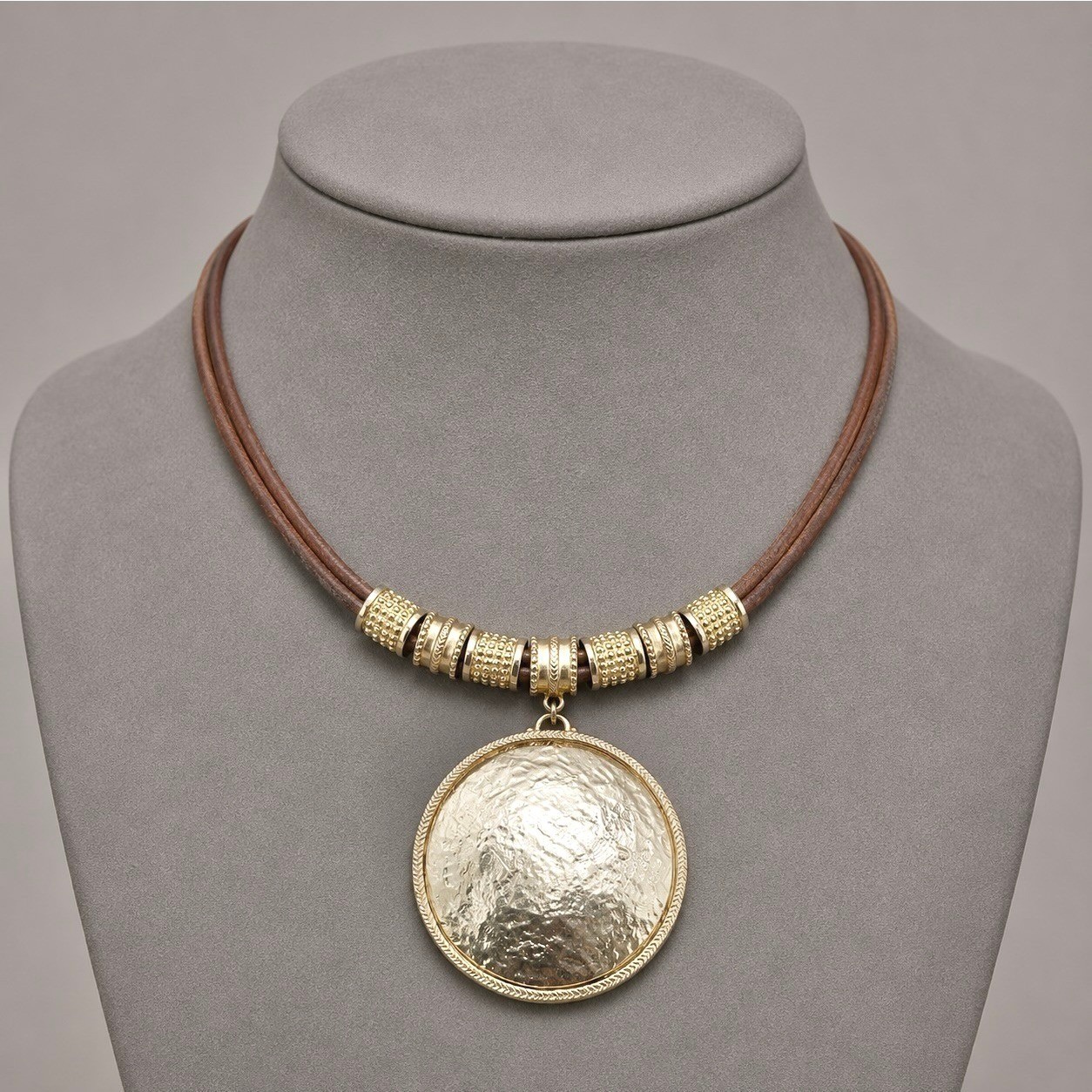 Chicos Necklace Brown Leather Cord Hammered Disc Pendant Gold Silver Tone 18-21″