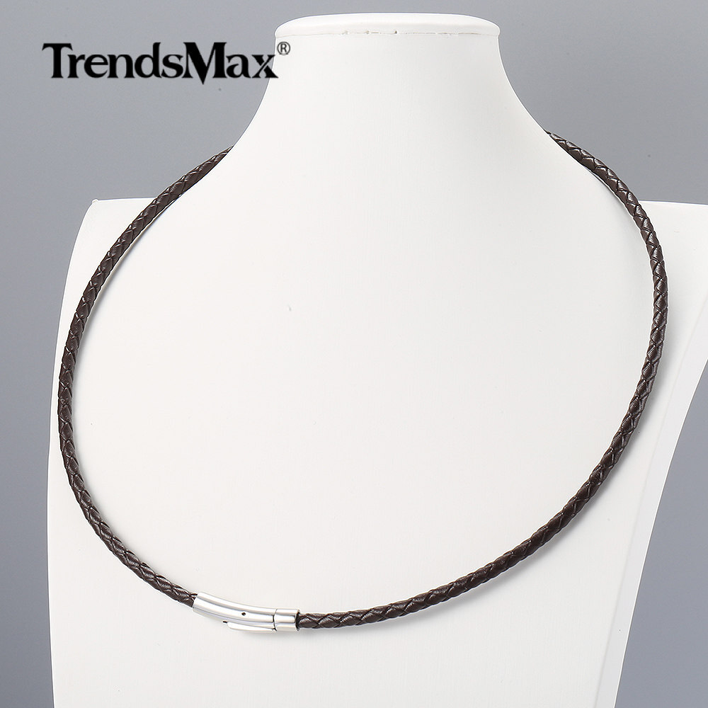 4MM Man-made Braided Leather Rope Cord Necklace Stainless Steel Push Lock 16-30″
