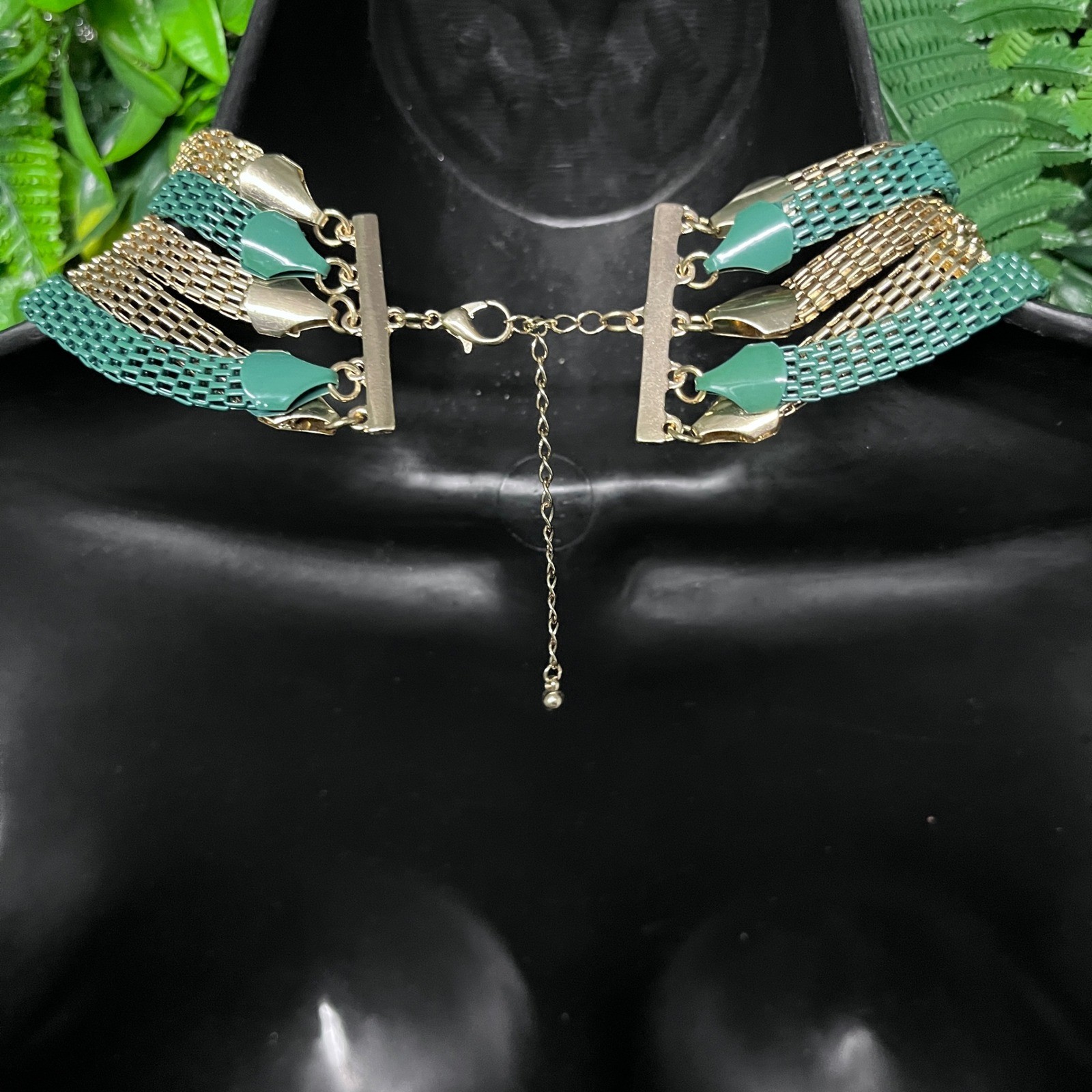 Statement Bib Necklace Multi Strand Mesh Gold Emerald Green Tiered Chain 3817
