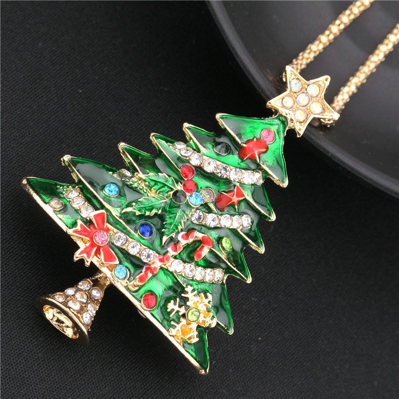 Fashion Lady Green Lovely Enamel Christmas Tree Crystal Pendant Women Necklace