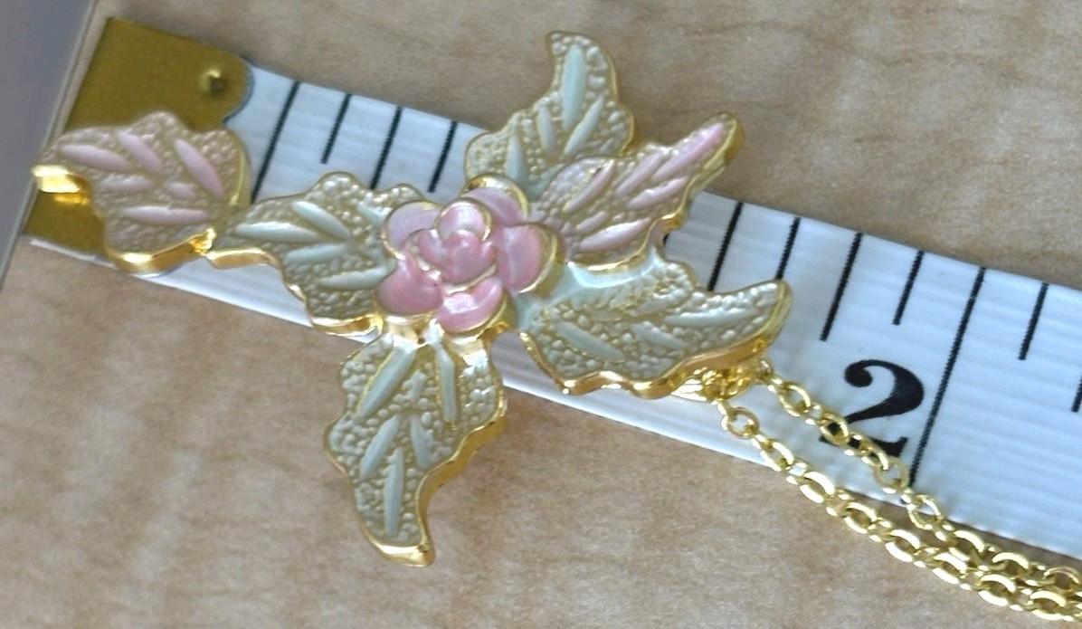 Gold Tone and Pink Floral Pendant Necklace/ Gold Tone Chain Measures 17 + 2 In