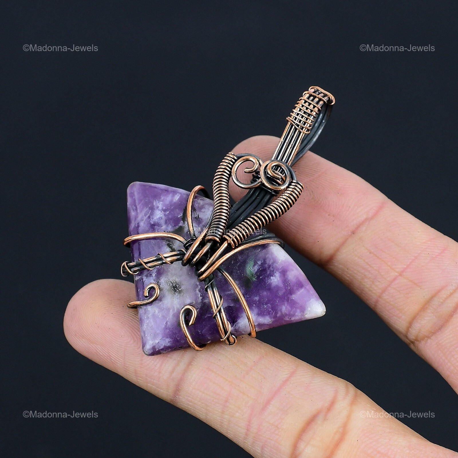 Trillion Lepidolite Gemstone Birthday Wire Wrapped Mother Pendant Jewelry Copper