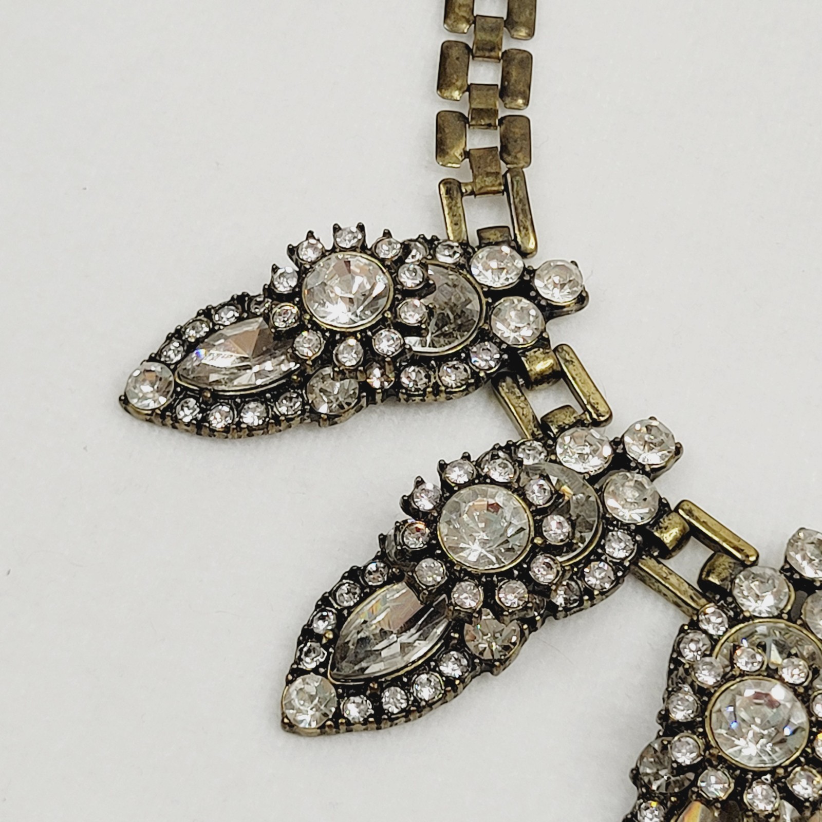 Antiqued Brass Tone Fashion Jewelry Necklace Colorless Rhinestones Statement Art