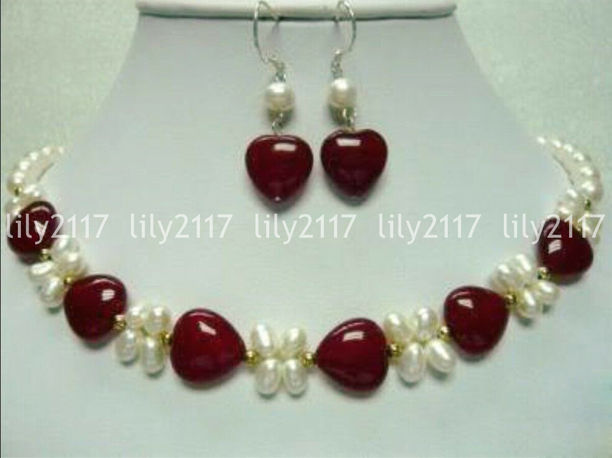 Natural 7-8mm White Cultured Pearl Heart Red Jade Gems Necklace Earrings Set